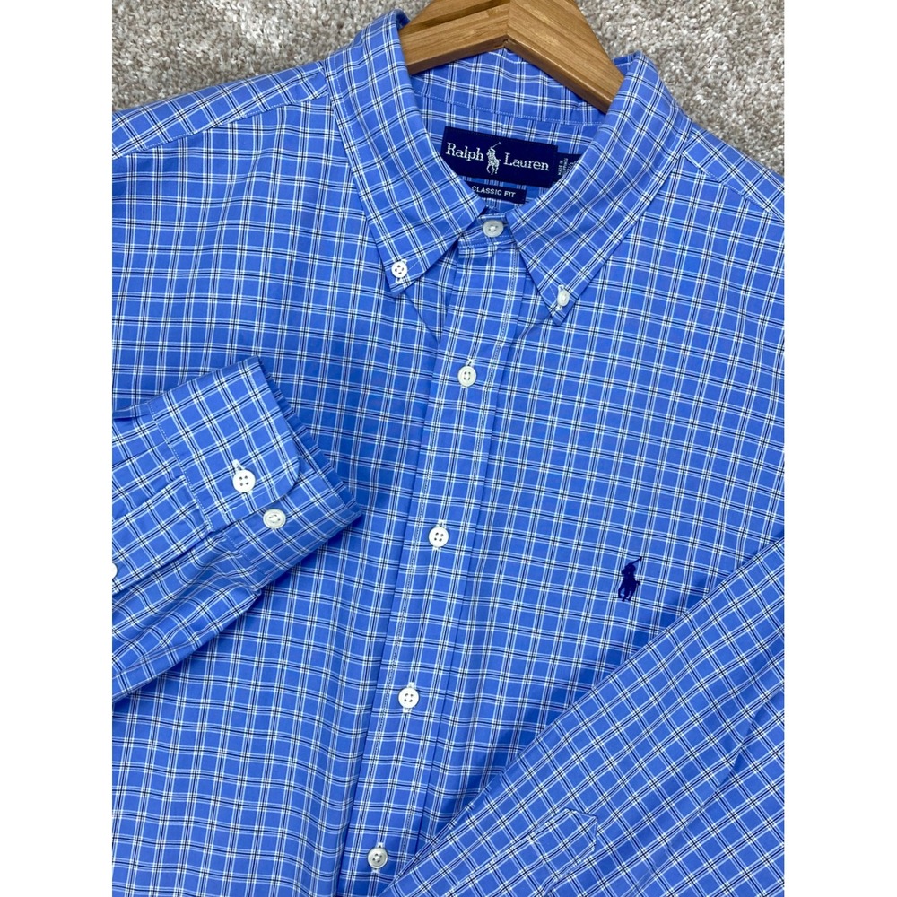 Ralph Lauren Classic Fit Plaid Button Down Shirt Mens 17.5 32/33 Blue Check Pony